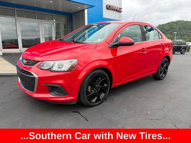 2019 Chevrolet Sonic Premier in Red Hot — front three-quarter view